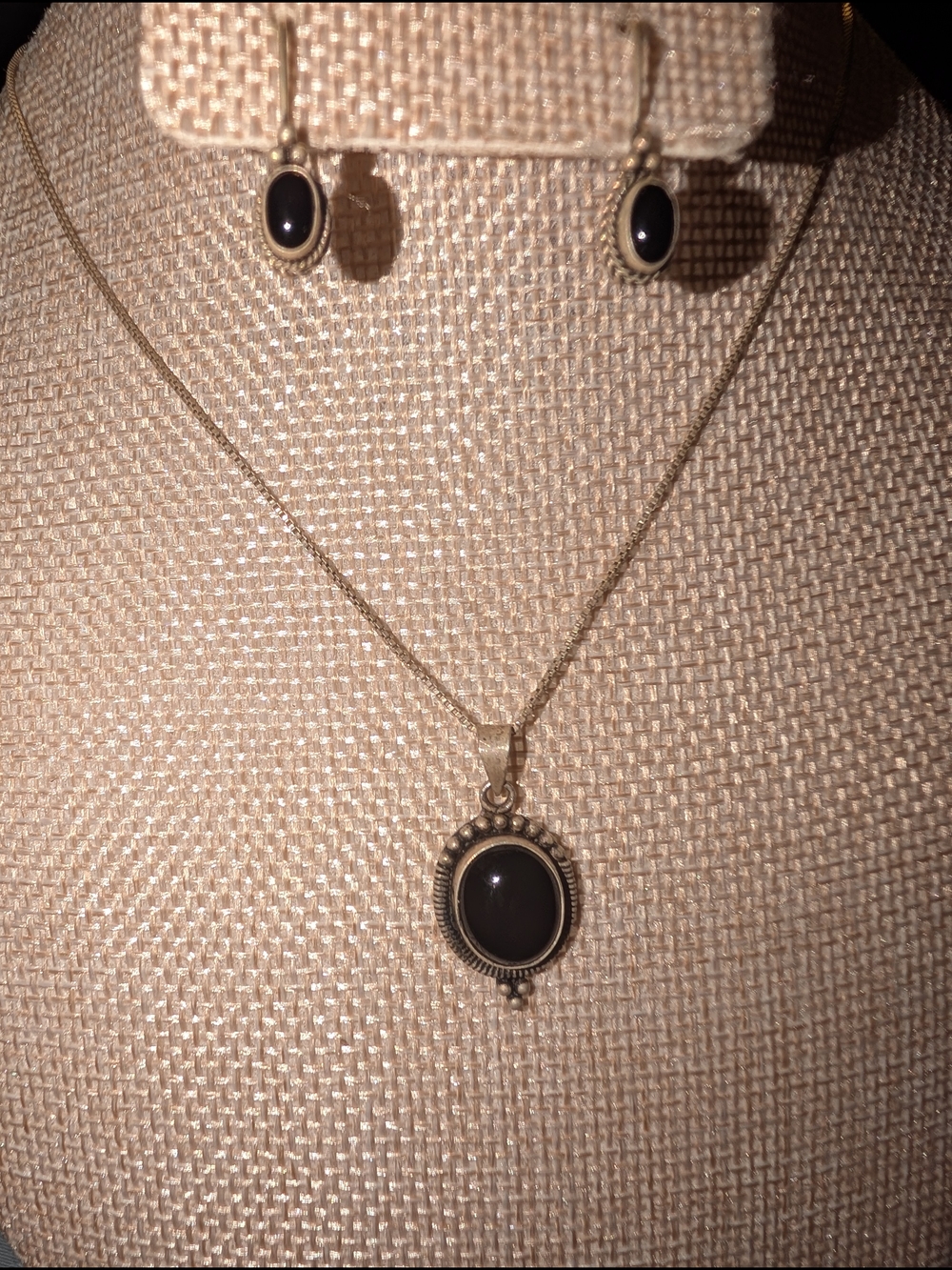 Black Stone Oval Pendant Necklace and Earrings Set